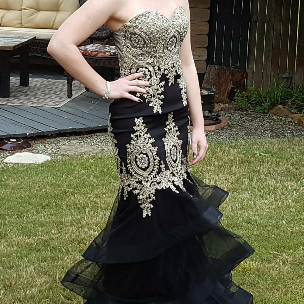 David's Bridal Black and Gold Strapless Mermaid Prom Dress